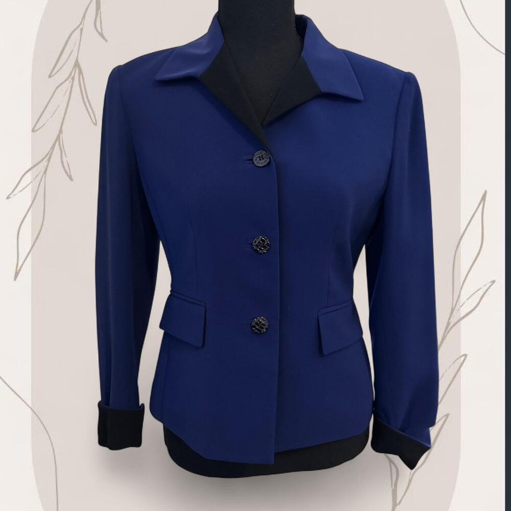 Kasper ASL Petite Royal Blue Black Trim Blazer Jacket 2P Professional Workwear